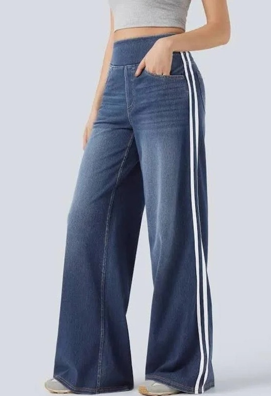 Halara Flex High Waisted Stripe Wide Leg Jeans Blue Denim XL Regular